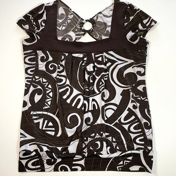 HEART & SOUL Ladies Square Neck Cap Sleeve Abstract Stretchy Peek A Boo Back XL - Picture 1 of 8